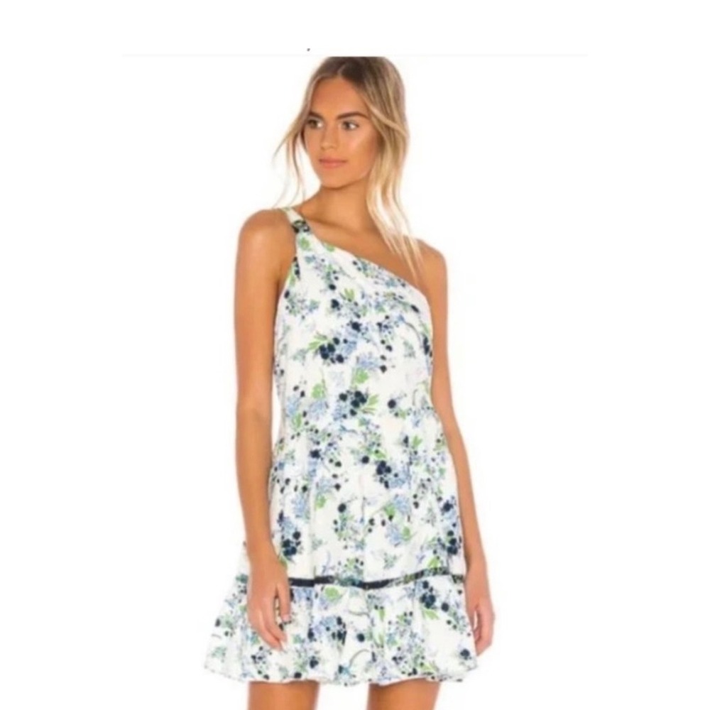 Free People All Mine One Shoulder Floral Print Linen Blend Ruffle Mini Dress‎ M